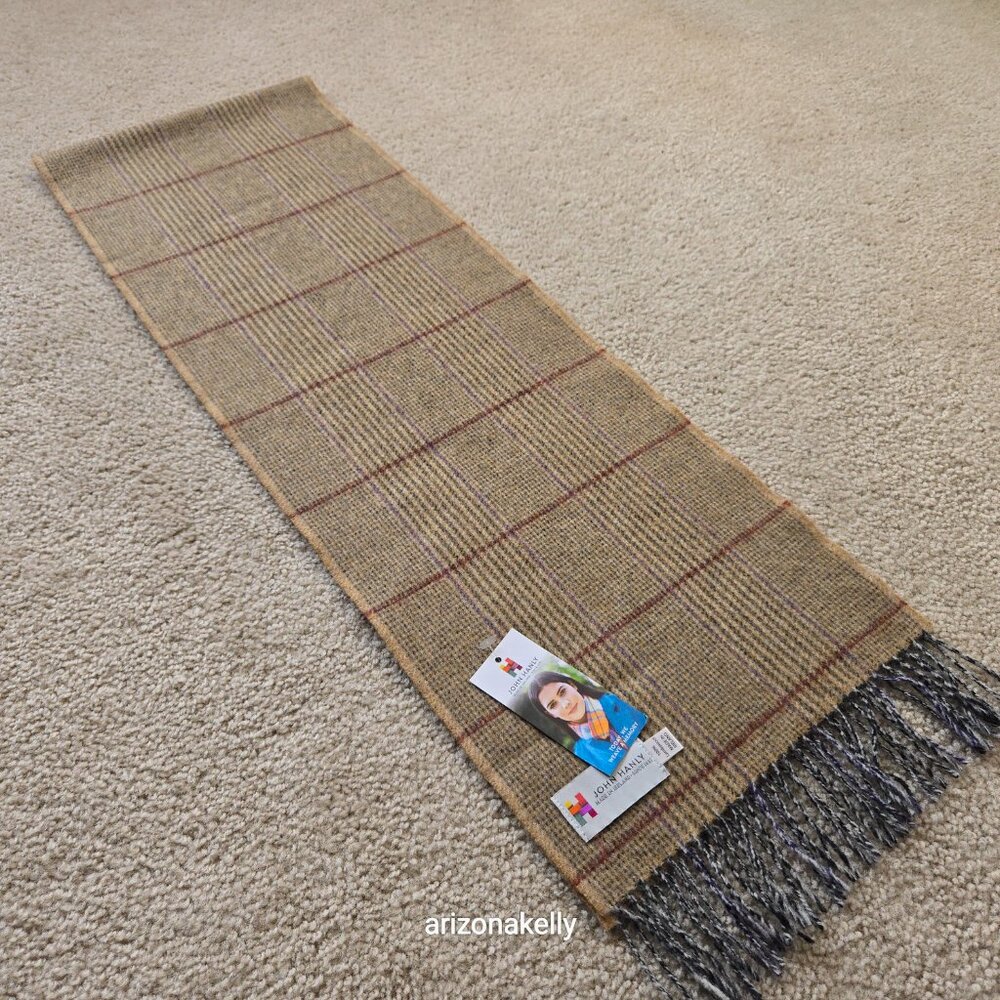 NWT John Hanly Lambswool Tan Plaid Scarf - Picture 7 of 10